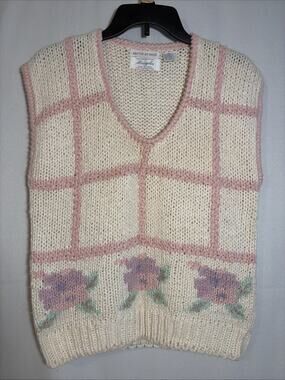 Margules Women’s Hand knit Vest White Pink Floral Vintage